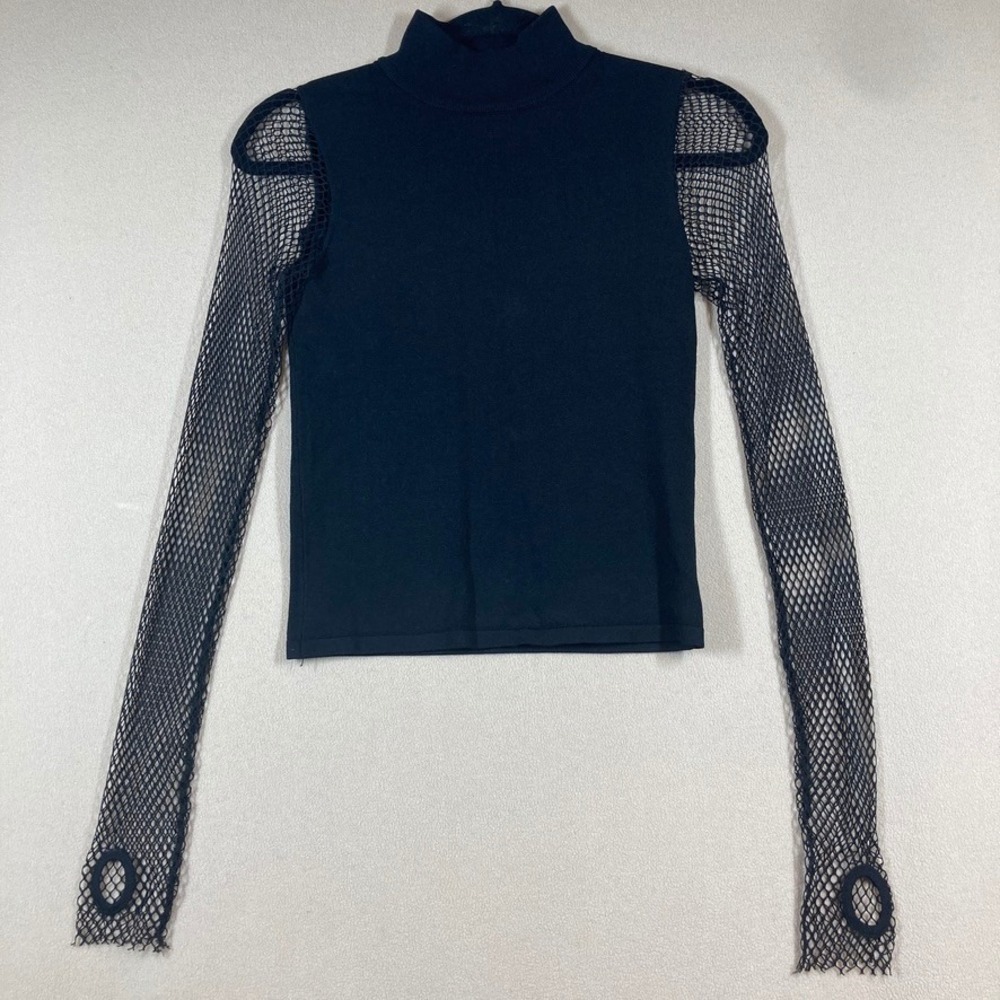 Zara Knit Top Small‎ Black Cropped Mock Neck Sheer Fishnet Sleeve Edgy Punk Goth